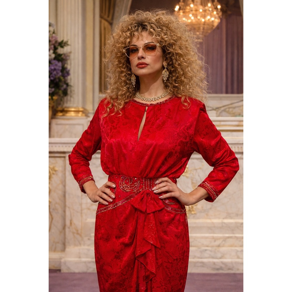 AJ Bari Vintage‎ 80s Red Silk Jacquard Sequin Embellished Midi Dress Womens 4